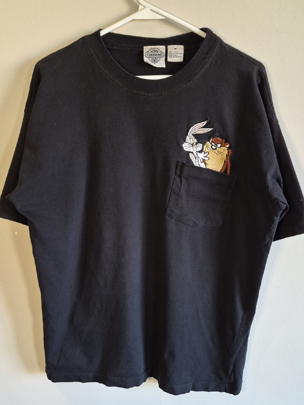 ACME Black Short Sleeve Pocket Tee with Embroidered Cartoon Patch